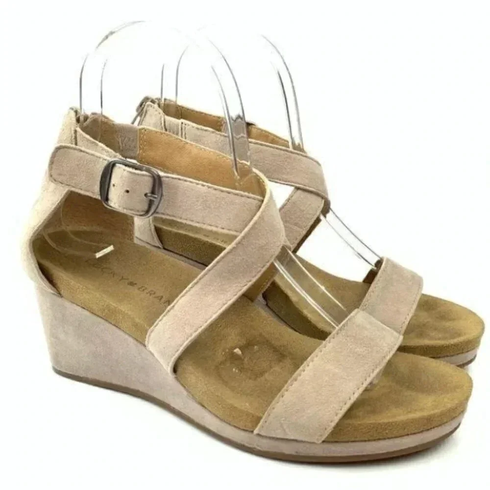 Lucky brand wedges size 6 36 Kenadee taupe suede